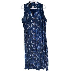 Kimberly's Travels Midi Dress Batik Print Blue Dragonfly Button Sleeveless SZ XL